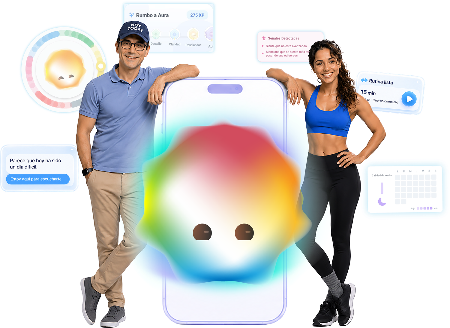 Índigo y Ali junto a la app Psiconversa con Indi, tu compañero de IA